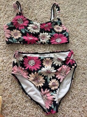 abercrombie kids Black Floral Pink Cream Two-Piece Bikini